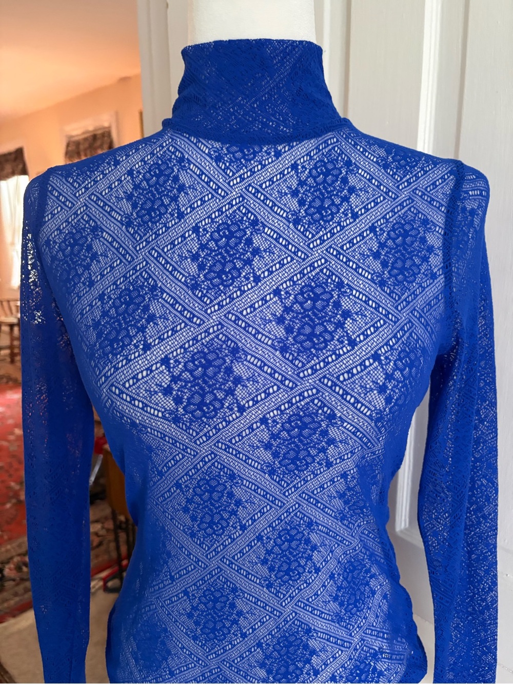 Anthropologie Cobalt Blue Lace Turtleneck Top